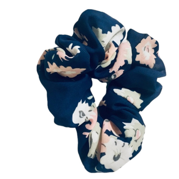 Chiffon Navy Blue Floral Chiffon Scrunchie - Picture 1 of 5